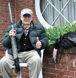 My father, Bill Byers, smiles behind a big gobbler he killed at the age of 95. 