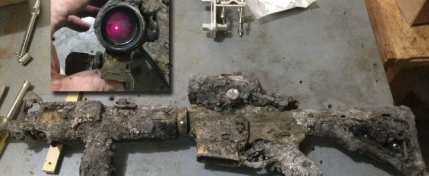 Despite being scorched in a home fire, this Aimpoint PRO sight still works.